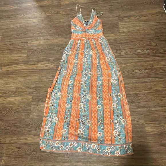 NWT Angie Boho Knot Front Floral Printed Maxi Dress Blue Orange Size Medium - Picture 9 of 14